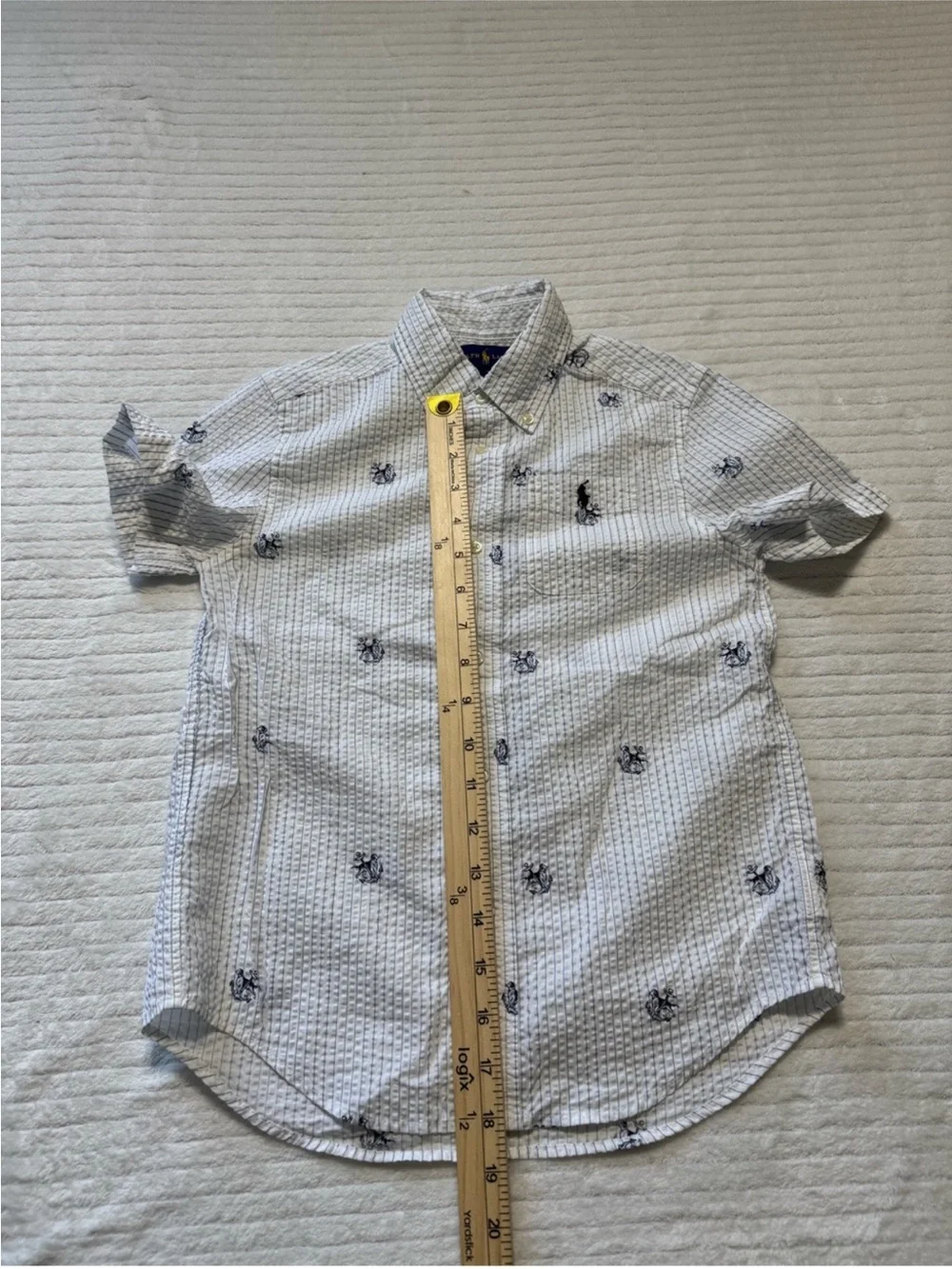 Ralph Lauren White Short-Sleeve Seersucker Button-Down with Navy Pony Embroidery